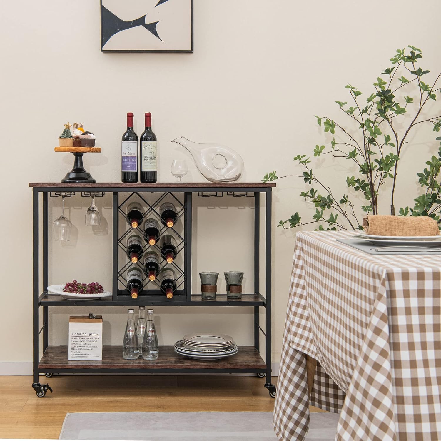 LOKO 3-Tier Rolling Serving Bar Cart, Industrial Kitchen Island Storage Cart with Wine Rack & Glass Holders, Multifunctional Wine Cart for Home, Bar, Kitchen, Dinning Room or Living Room, Rustic Brown