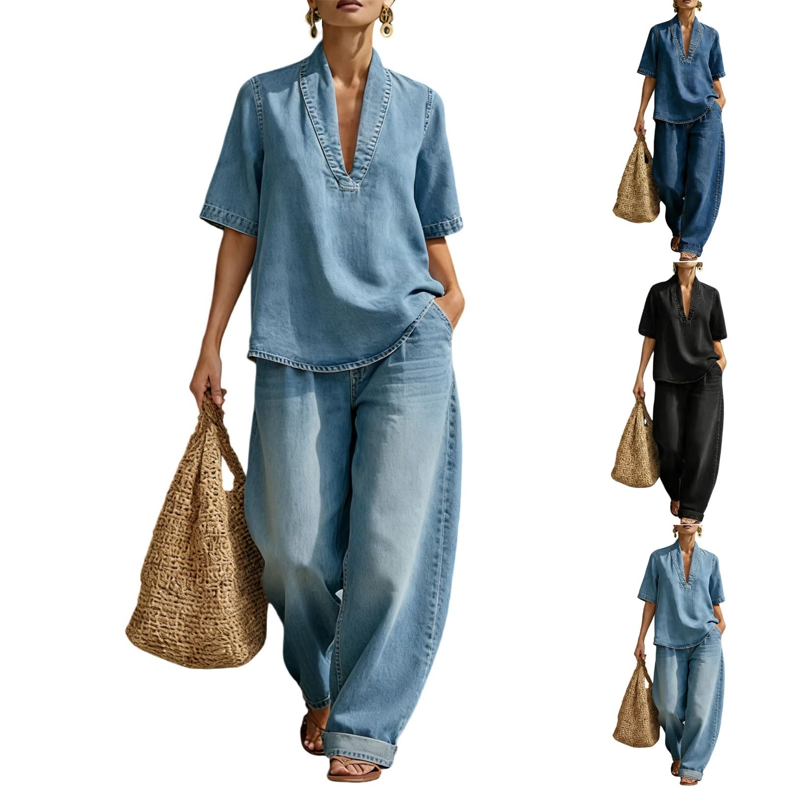 Tuta Donna Estiva 2 Pezzi Camicie E Jeans Donna Vita Alta Larghi Completo Elegante Taglie Forti Curvy Casual Abbigliamento Tracksuit Primavera Slim Fit Spiaggia Vacanza