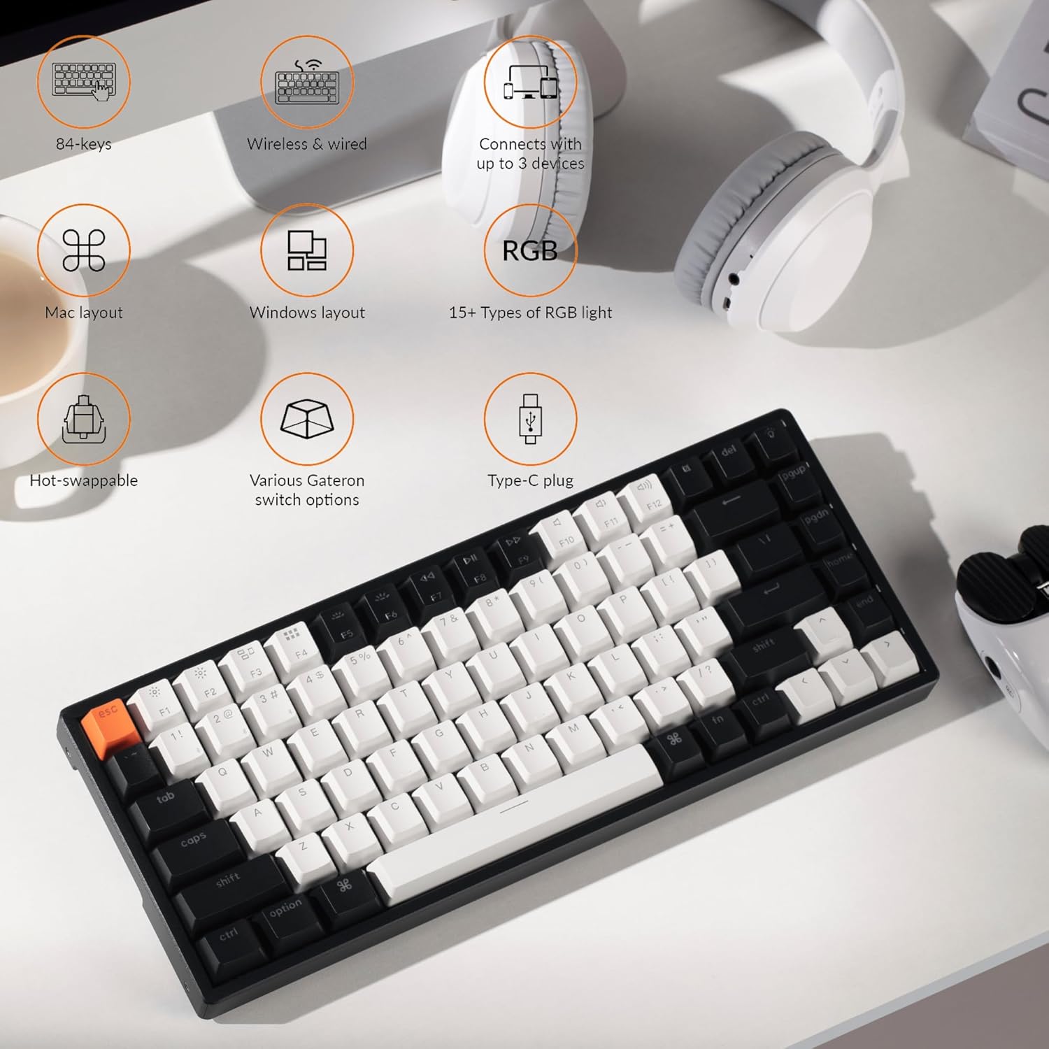 Keychron K2 75% Layout 84 Keys Hot-swappable Bluetooth Wireless/USB Wired Mechanical Keyboard with Super Brown Switch/Double-Shot Keycaps/RGB Backlight/Aluminum Frame for Mac Windows Version 2