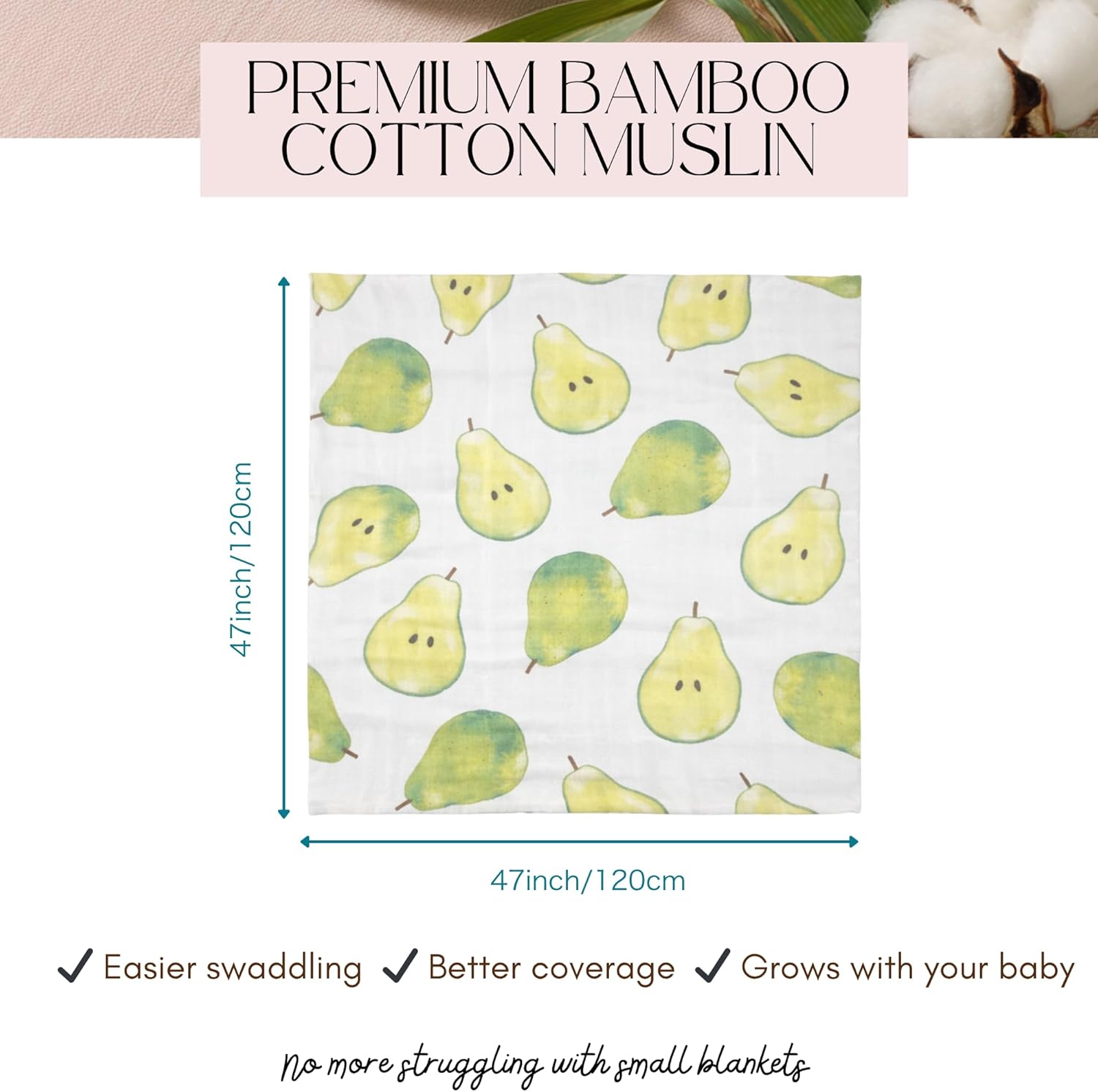 Bamboo Muslin Swaddle Blankets for Newborn – 70% Bamboo Cooling Lightweight Summer Baby Blanket, Oversized 47x47 Breathable Receiving Blankets, 2 Pack – Citrus Garden