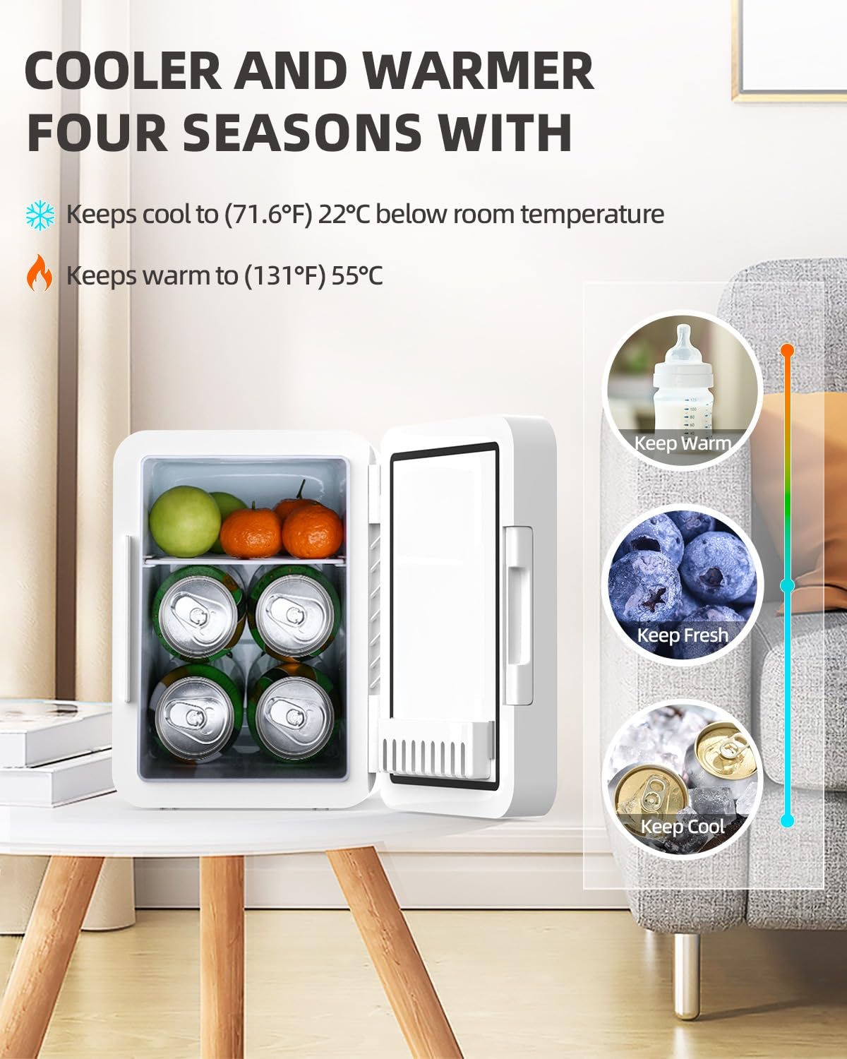MoraRise 6L Mini Fridge for Bedrooms, Portable Cooler & Warmer Skincare Fridge with LED Mirror, AC/DC Compact Beauty Fridge for Food, Car, Home, Office, Drinks, Cosmetic, Skin care (White, 6L) - 4