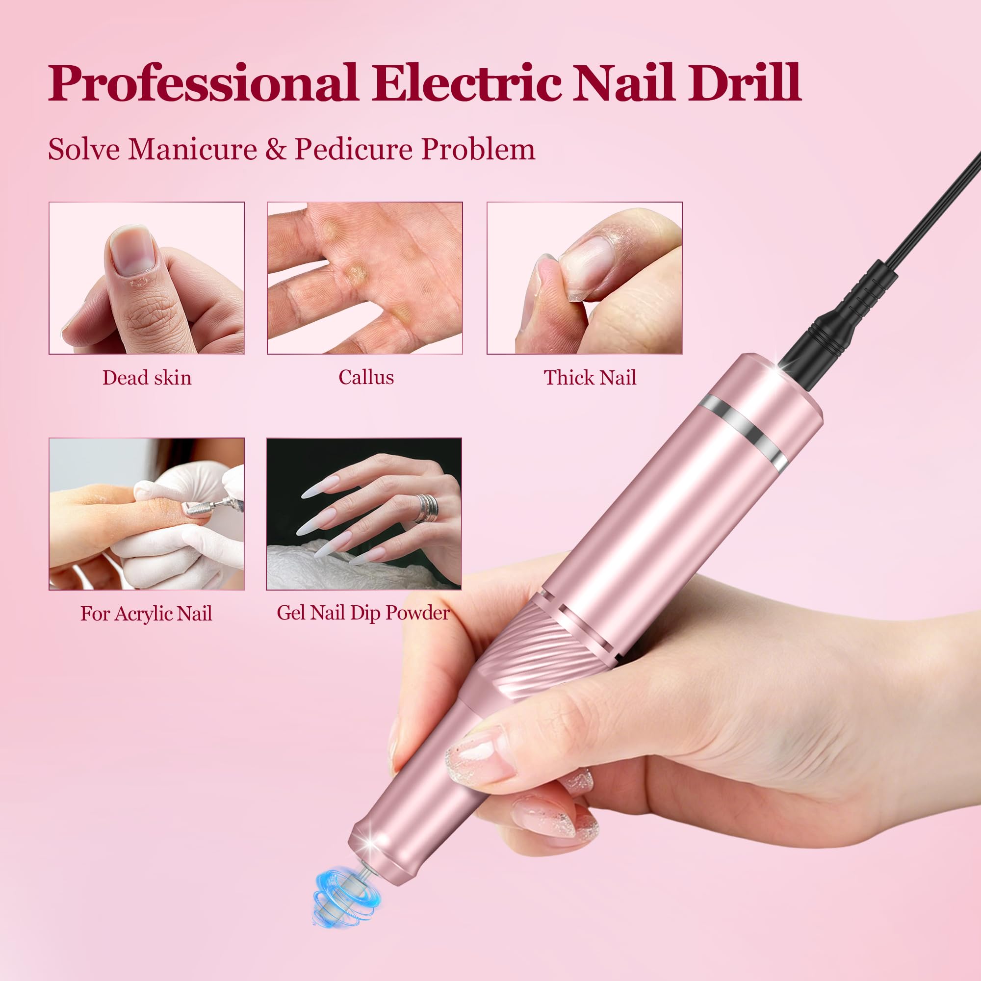 Fresa elettrica per unghie, professionale, per unghie in gel e acrilico, 45000 giri/min, senza fili, ricaricabile, kit per pedicure e manicure, per piedi e mani