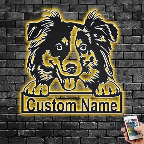 HUSSIO Custom Australian Shepherd Metal Wall Art With LED Light, Personalized Australian Shepherd Name Sign Decoration For Dog Room (Metal Sign 5)