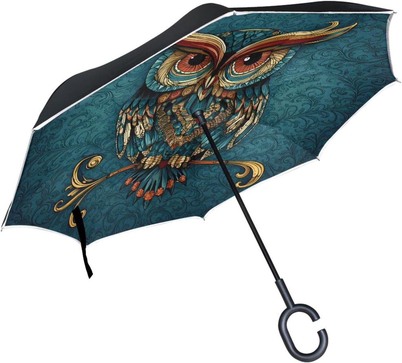 ALAZA Owl Print Gothic Boho Windproof Inverted Open Close Reverse Rain Umbrella Inside Out Quality Waterproof Parasol Upside Down Stick Shelter with Hook c Handle