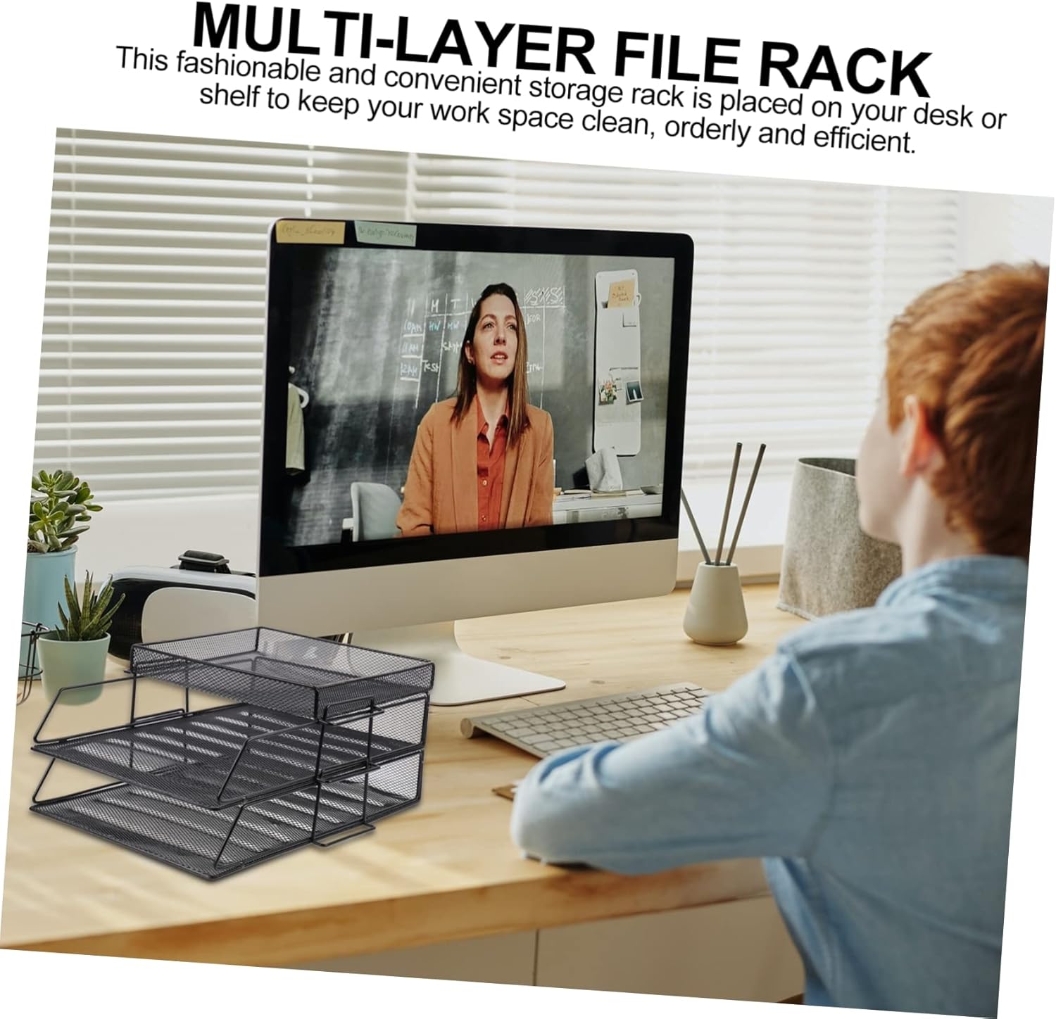 1Pc Multi Layer Mesh Document Rack Office File Organizer for Letter Papers Desktop Storage for Efficient Organization Black