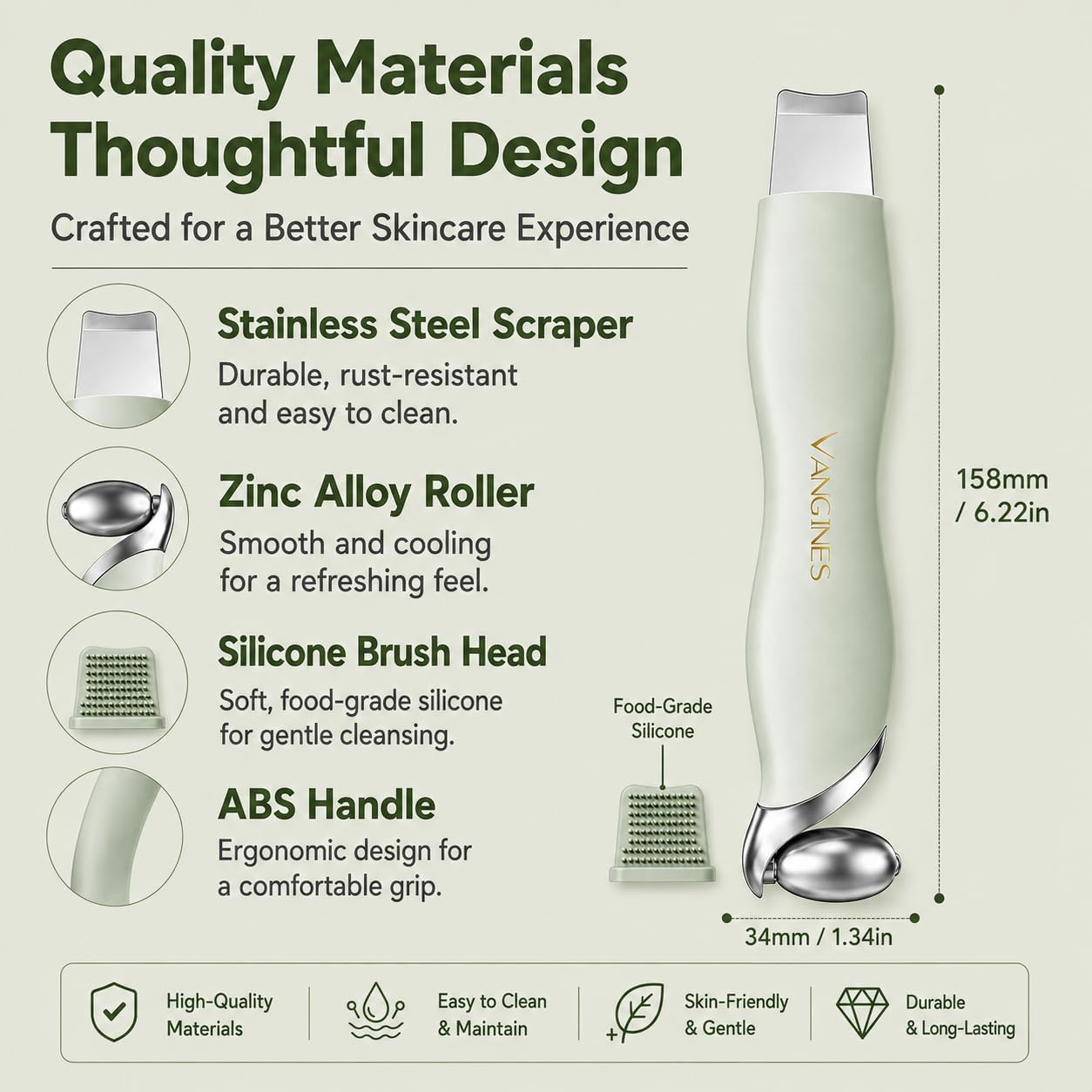 Manual Blackhead Remover Tool with Ice Roller, Stainless Steel Blackhead Scraper & Skin Spatula for Nose and Face, 3-in-1 Pore Care Tool with 2P Silicone Brush Heads (Sage Mist)