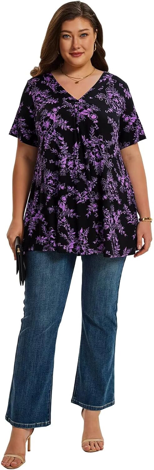 LARACE Plus Size Tops for Women Short Sleeve Women's V Neck Pleated Tunics Dressy T-Shirts Summer Clothes Loose Fit Blouses - Image 2