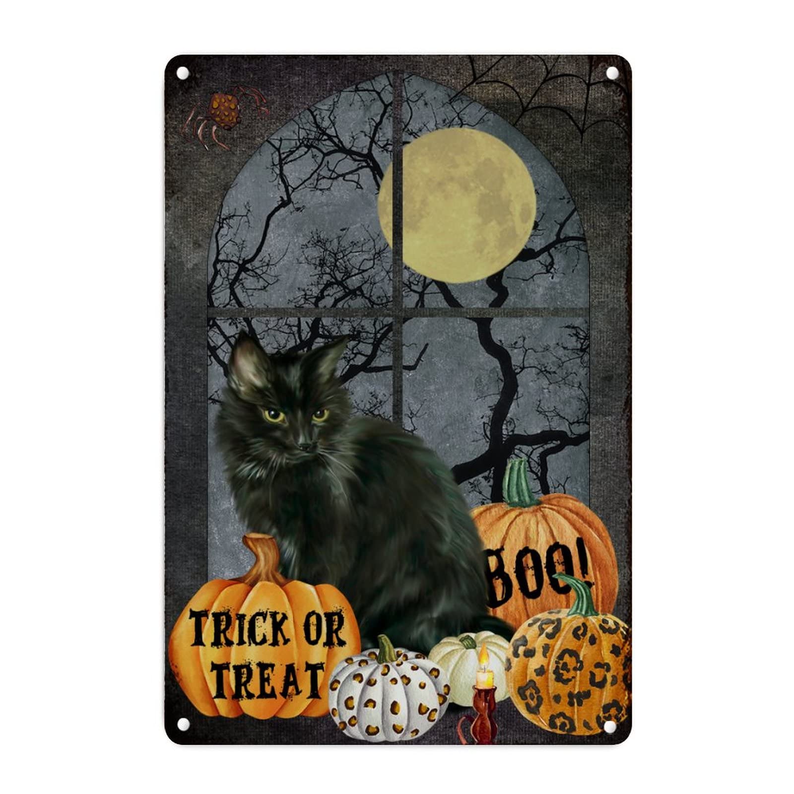 Affiche vintage en métal pour Halloween Chat noir et décoration murale d'automne Boo