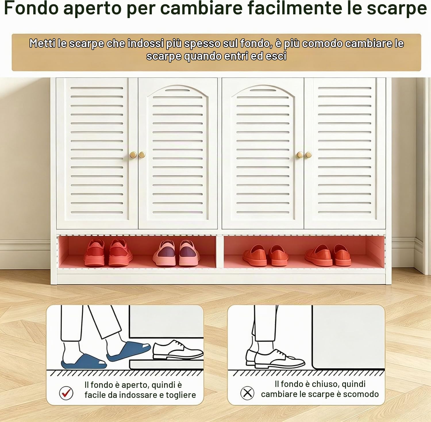 Armadio Verticale Porta Scarpe in Bambù, 1 Cassetto e 4 ante Persianate, Mobile Ingresso Per Corridoio e Guardaroba.