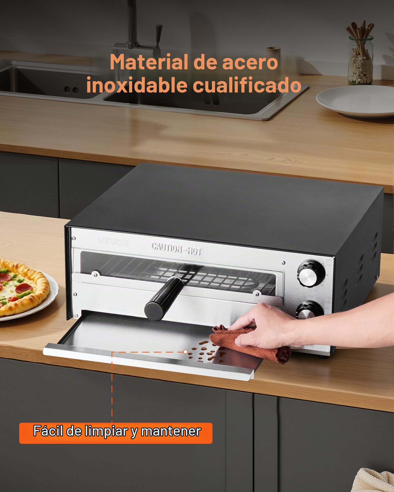 VEVOR Horno de Pizza Eléctrico de 30 cm para Encimera, Temperatura 25 a 300 °C, 1450 W, Control de Tiempo y Temperatura, con Tubo de Calor Doble y Bandeja Recogemigas, a Restaurantes y Cocinas