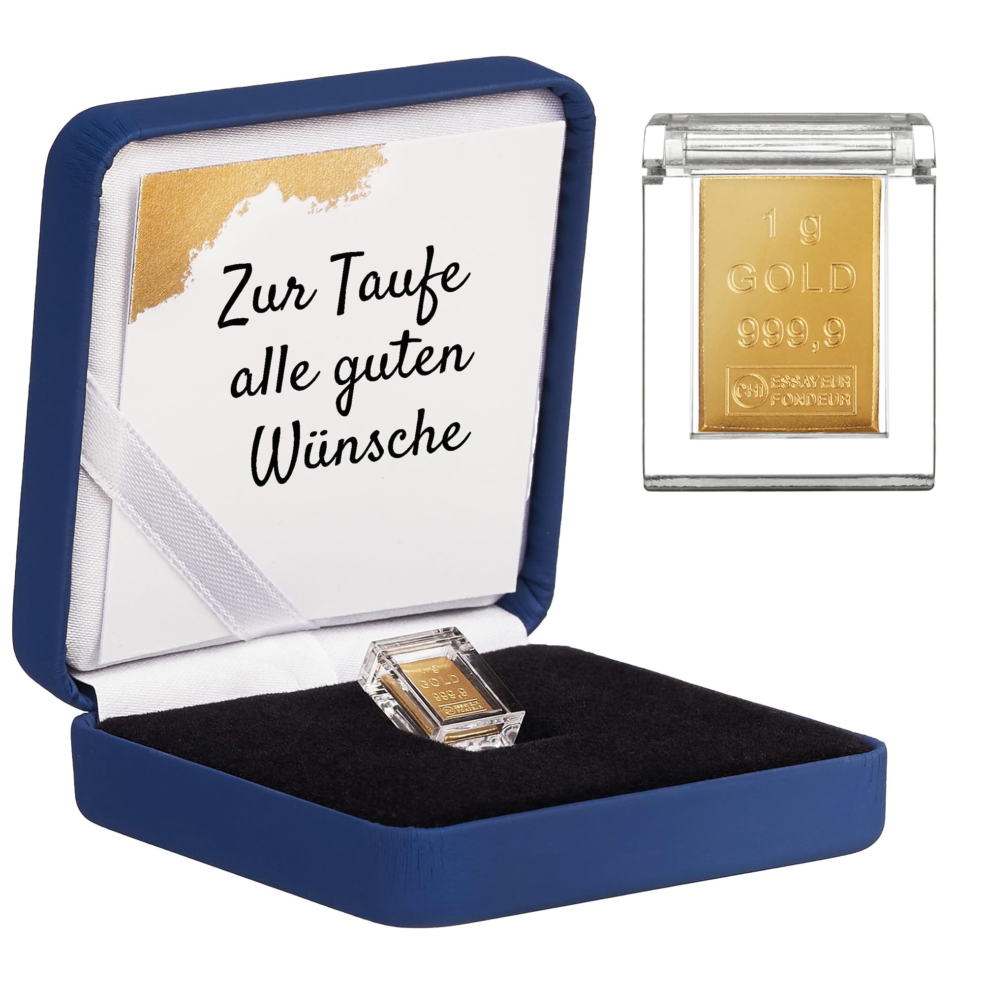 Gold zur Taufe - Goldbarren 1g in hochwertiger Kapsel inkl. Etui und Grußkarte - Geschenk zur Taufe (Etui blau)