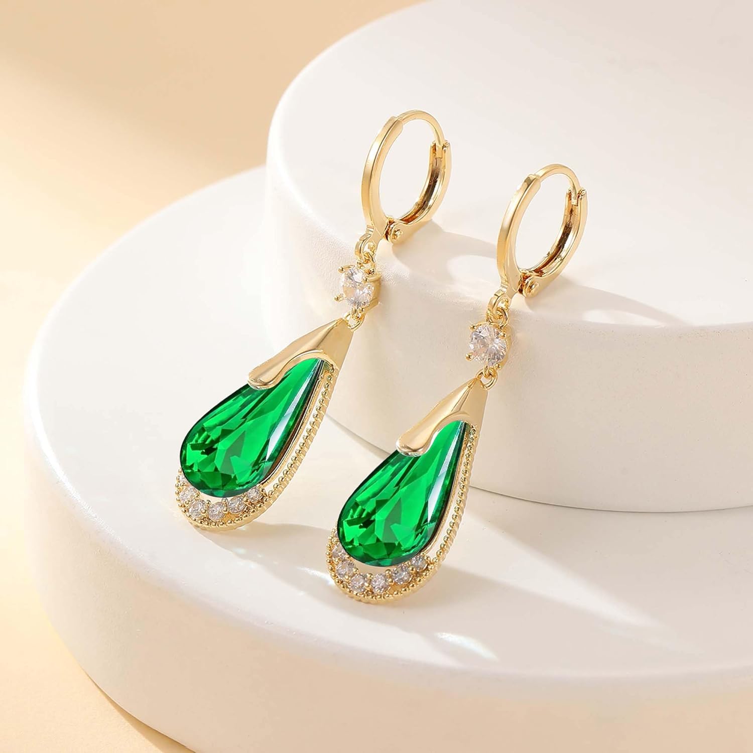 Trendy Austrian Crystal Teardrop Drop Huggie Dangle Earrings for Women 14k Rose Gold Plated Hypoallergenic Jewelry Gifts