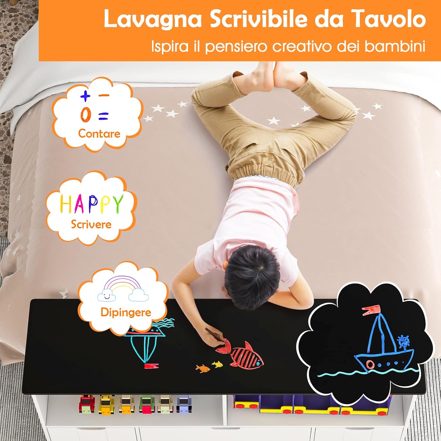 COSTWAY Mobile Porta Giochi Con 4 Cassetti, Scaffale Per Bambini Con Piano A Lavagna Scrivibile E 2 Vani Aperti, Mobiletto Multiuso Da Cameretta Soggiorno E Studio, 121 X 33 X 62 Cm 15 COSTWAY Mobile Porta Giochi Con 4 Cassetti, Scaffale Per Bambini Con Piano A Lavagna Scrivibile E 2 Vani Aperti, Mobiletto Multiuso Da Cameretta Soggiorno E Studio, 121 X 33 X 62 Cm -Cameretta Per Bambini