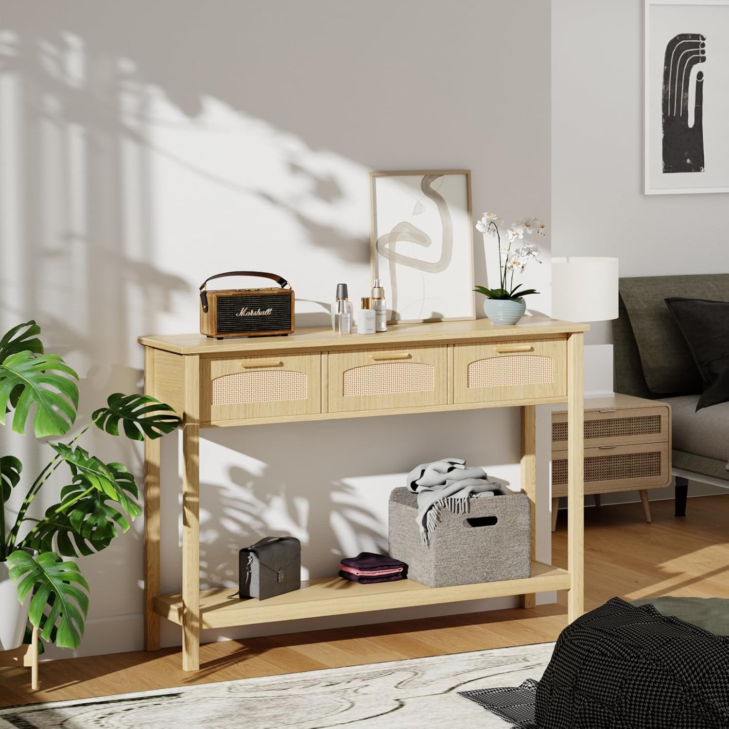 FONTOI Entryway Table with 3 Rattan Drawers, Console Table with Golden Metal Handles, Sideboard Sofa Tables Open Storage, Narrow Hallway Table for Small Spaces Living Room, Wood