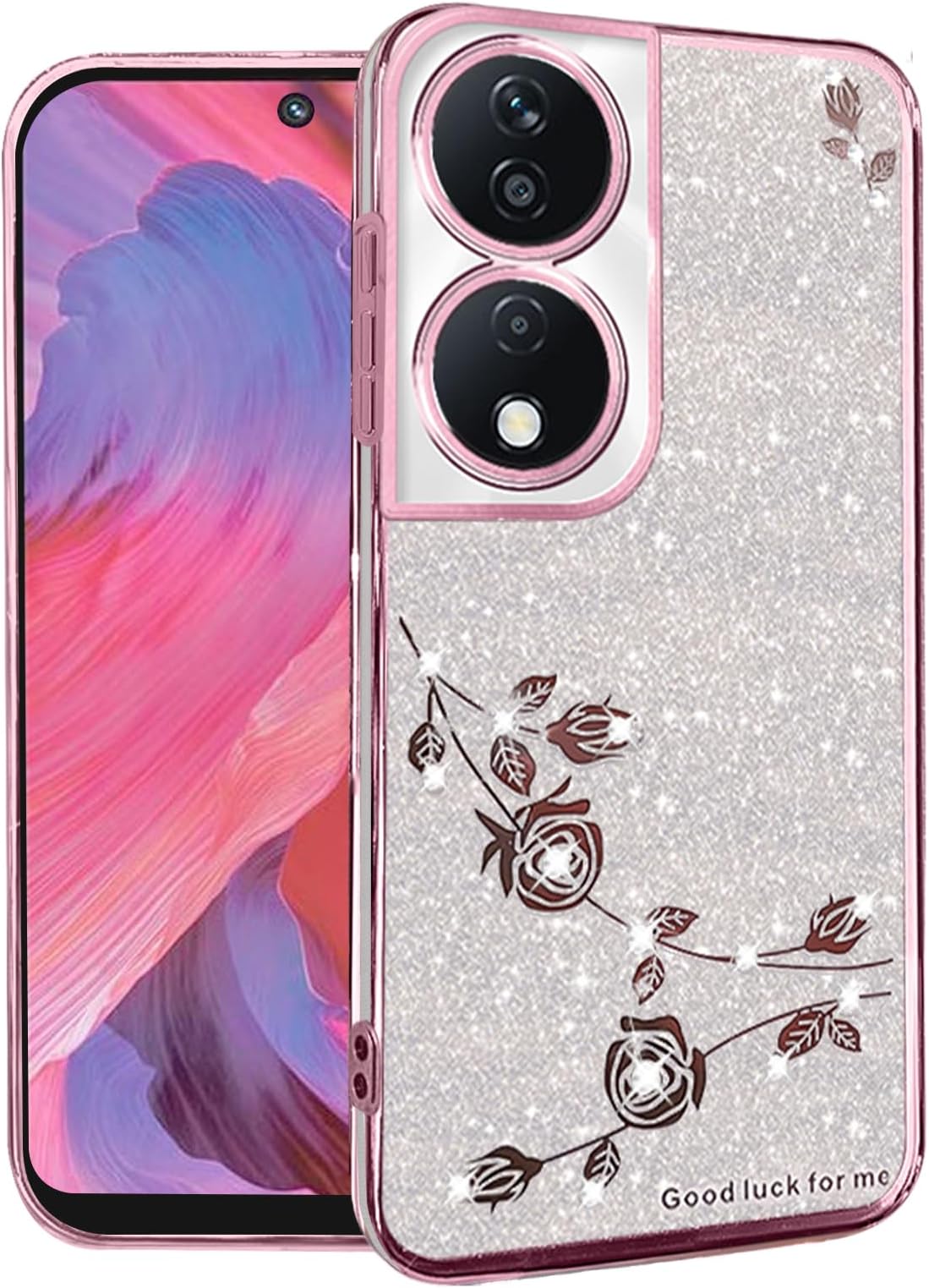 Phone Case for Honor X7b Clear Glitter Floral, Cute Slim for Honor X7b Case Silicone Shockproof Protective Women Girls Cover Sparkle Aesthetic (Pink-Silver)