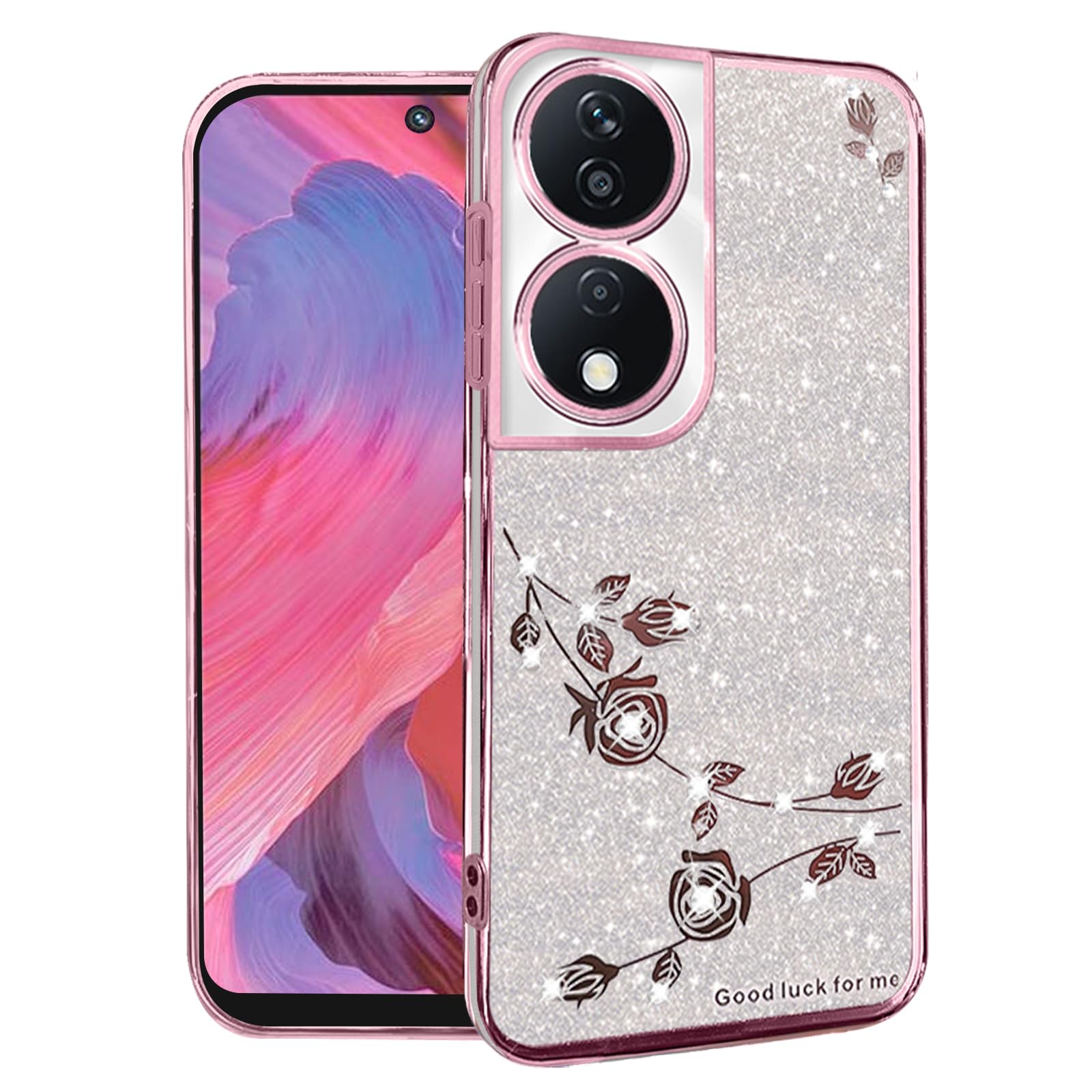 Phone Case for Honor X7b Clear Glitter Floral, Cute Slim for Honor X7b Case Silicone Shockproof Protective Women Girls Cover Sparkle Aesthetic (Pink-Silver)