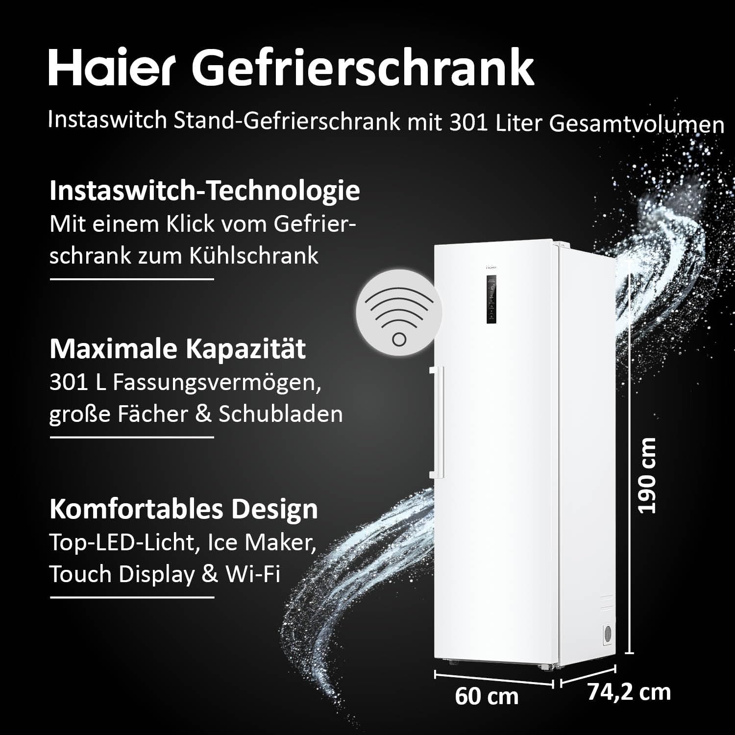 Haier Gefrierschrank mit Abtauautomatik und Eiswürfelbereiter I Instaswitch H4F306WDH1 I Total No Frost Tiefkühlschrank, 301 L Kapazität I Eisschrank auch als Kühlschrank nutzbar I Freezer mit Wi-Fi