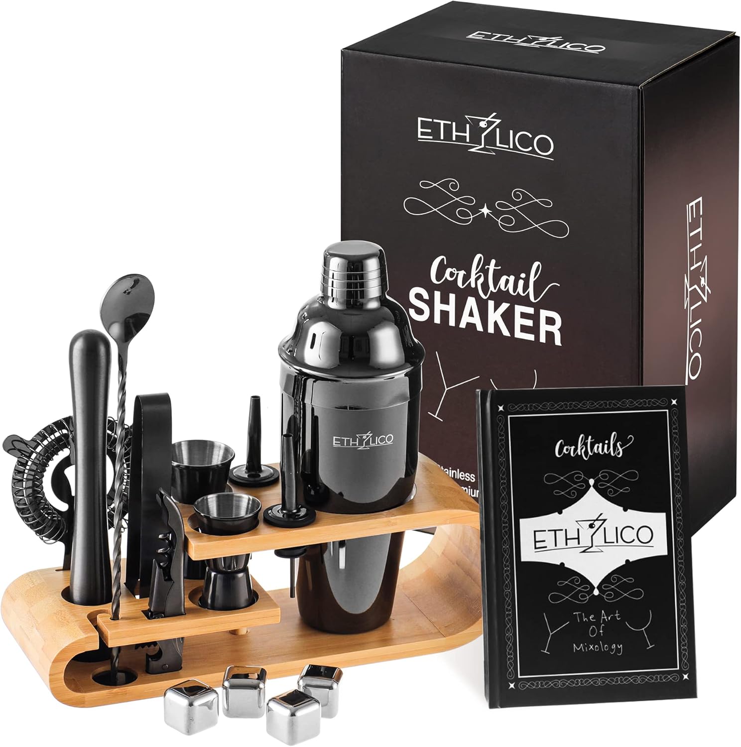 Cocktail Shaker Kit | Barware Tool Set | Professional 16 piece Bartender Kit with Natural Bamboo Stand - 55 Cocktail Recipe Book Included - Silver