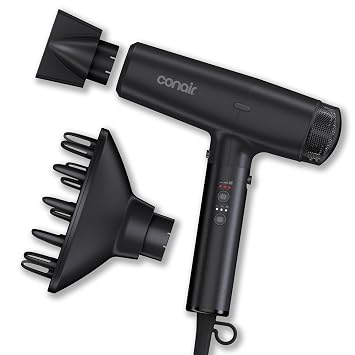 مجفف الشعر الرقمي Infiniti PRO CONAIR، مجفف الشعر الأيوني لتقليل التجعد مع ملحقات الموزع والمكثف، سرعة تصل إلى 5 أضعاف و90000 دورة في الدقيقة لقوة تجفيف متقدمة، أسود