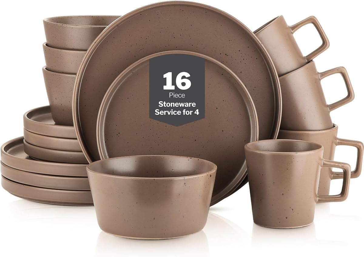 Celina Stoneware 16-Piece Modern Dinnerware Set, Plates and Bowls, Matte Brown, Service For 4, Microwave & Dishwasher Safe