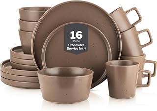Celina Stoneware 16-Piece Modern Dinnerware Set, Plates and Bowls, Matte Brown, Service For 4, Microwave & Dishwasher Safe