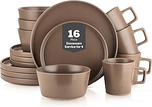 Stone Lain Celina Stoneware 16-Piece Modern Dinnerware Set, Plates and Bowls, Matte Brown, Service For 4, Microwave & Dishwasher Safe