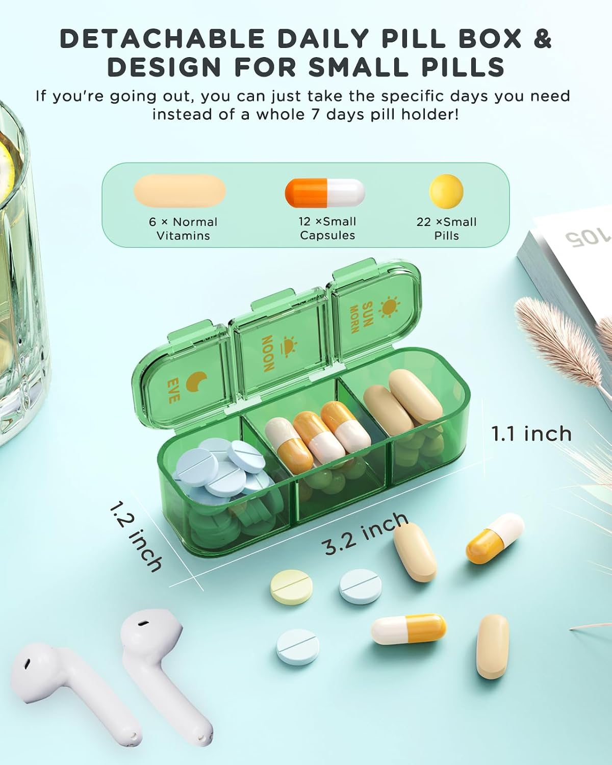 Acedada Pill Organizer 3X A Day, 7-Day Pill Box 3 Times A Day, Green