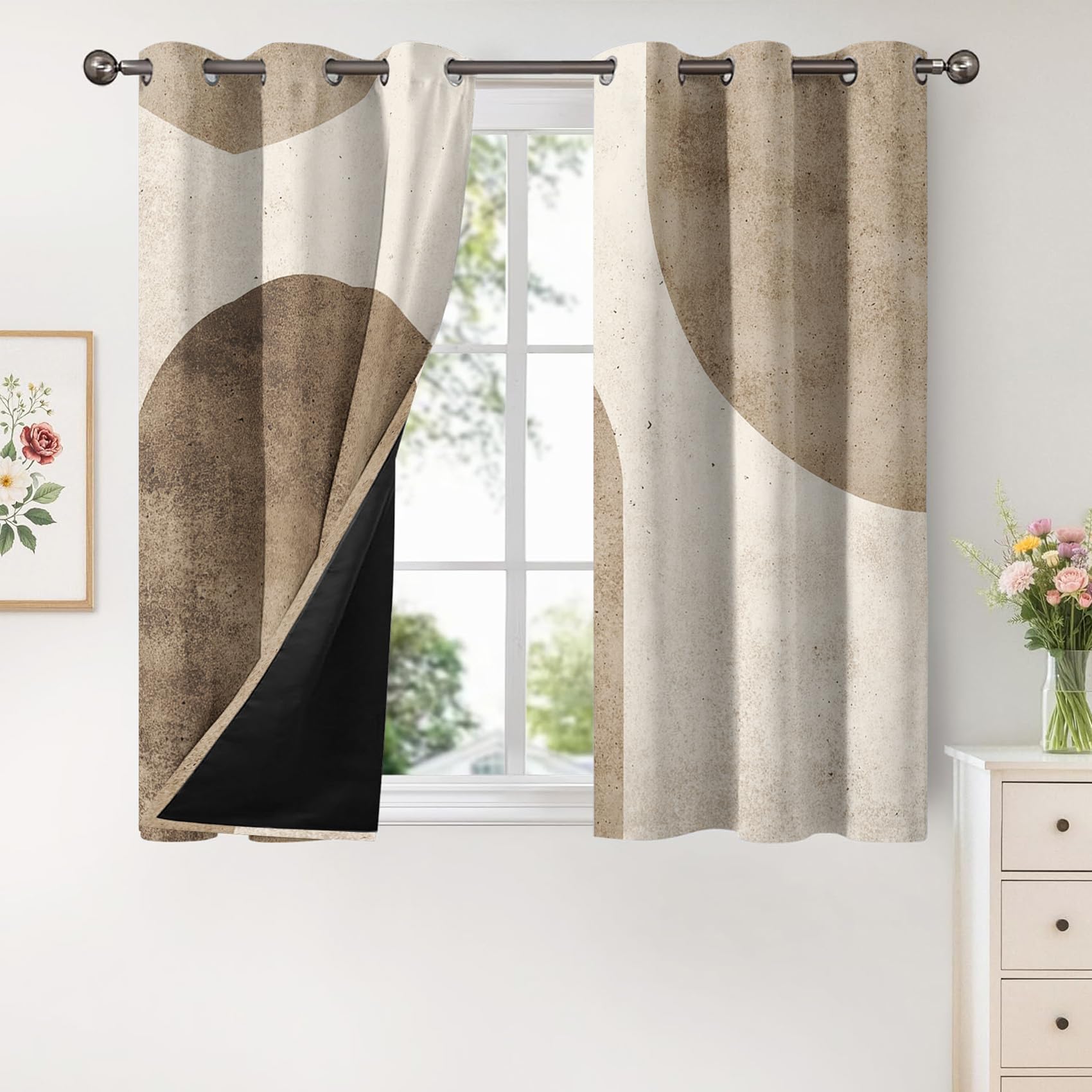 Geometrisch Vorhänge Mit ösen Blickdicht, Mid Century Modern Einfach Taupe Vorhang Schlafzimmer Wohnzimmer Küche 140 x 175 cm Lang, Übergardinen Innen Verdunklungsvorhänge