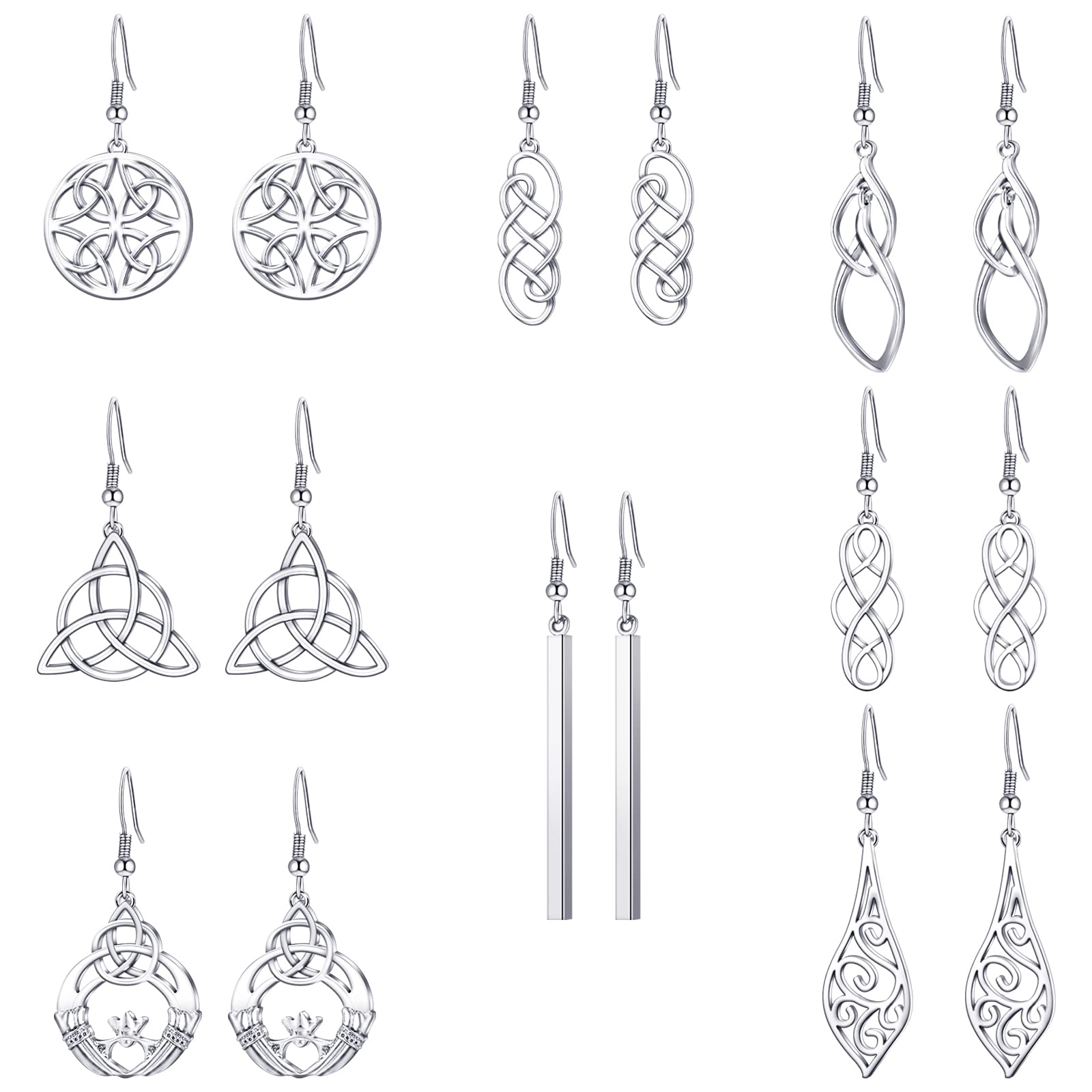 Yaomiao 8 Pairs Celtic Knot Dangle Earrings Silver Knot Drop Earrings Hook Earrings