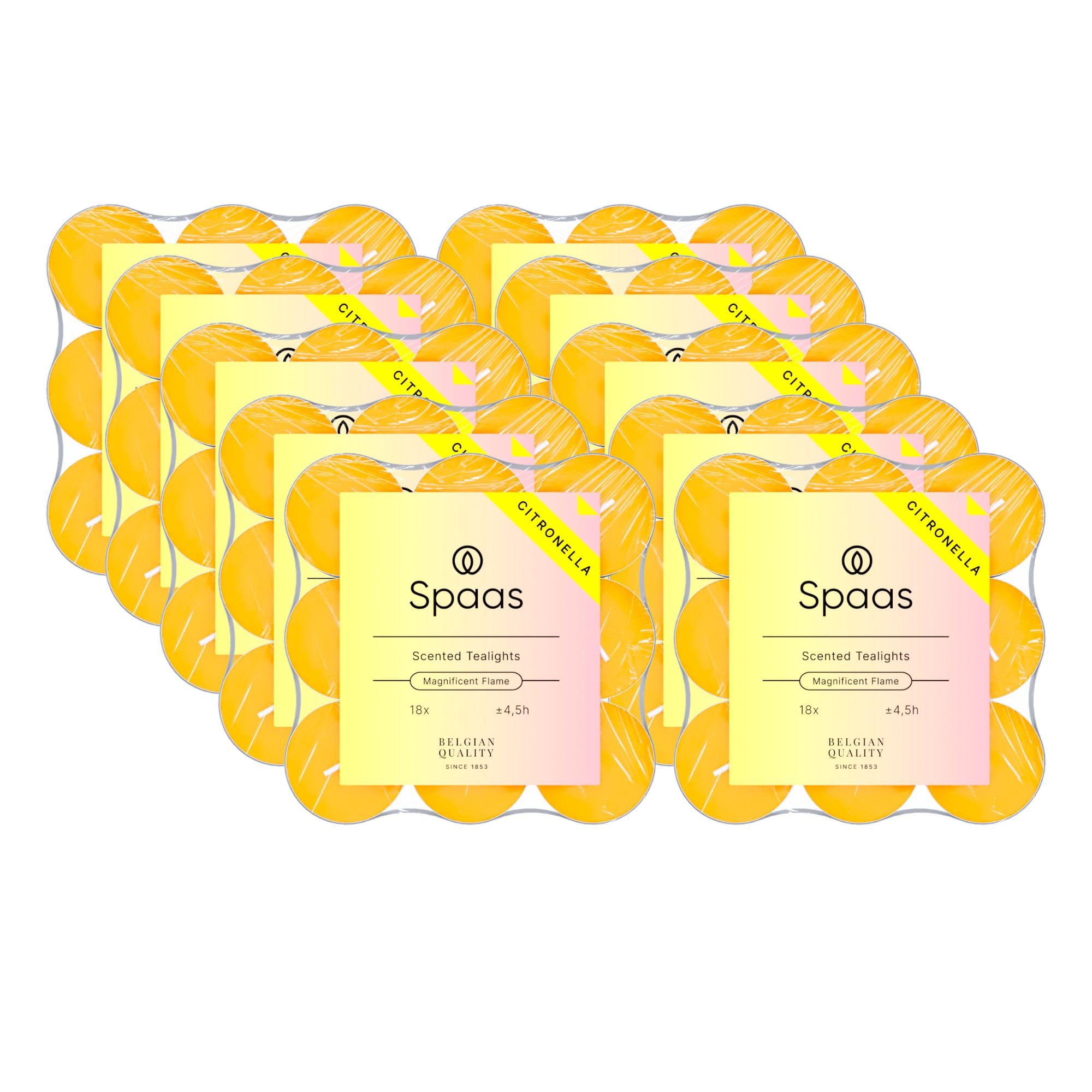 Spaas 10 Flachpackungen mit 18 Citronella-Teelichtern, ± 4,5 Stunden, Lebendiges Gelb