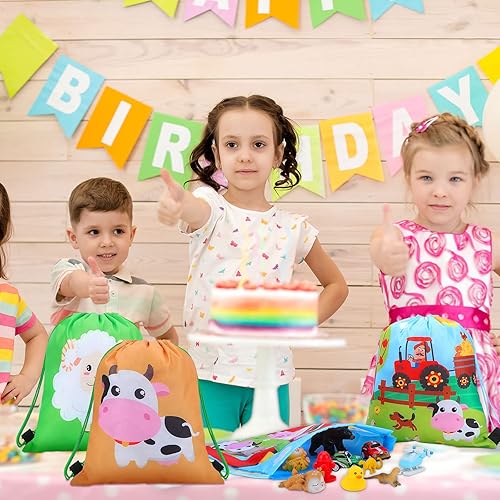 Miniatura 6 de Shappy Paquete de 16 bolsas de regalo de fiesta de animales de granja, suministros de cumpleaños, mochila de cuerda, bolsas temáticas con cordón