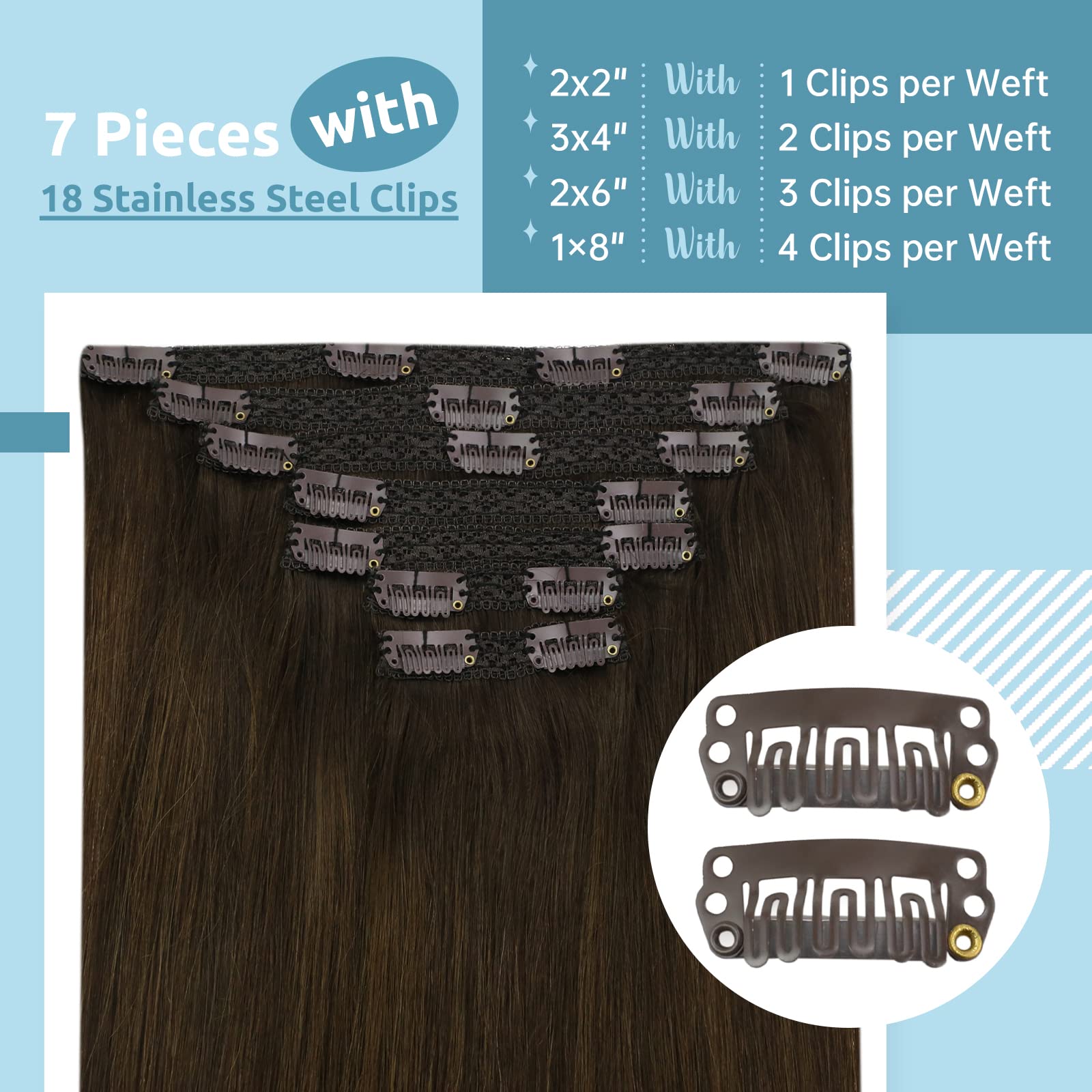 Fshine Extension Capelli Veri Clip 40.6cm 120g 7pcs Castano Scuro Con 8 Castano Medio e 2 Marrone Scuro Hair Extension Clip Capelli Veri Capelli Morbidi
