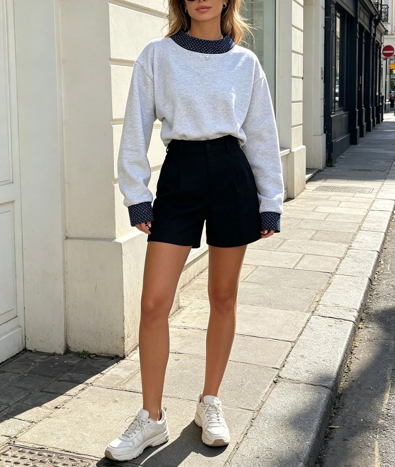 Generisch Sudadera para mujer con lunares y cuello alto en bloque de color (gris, L)