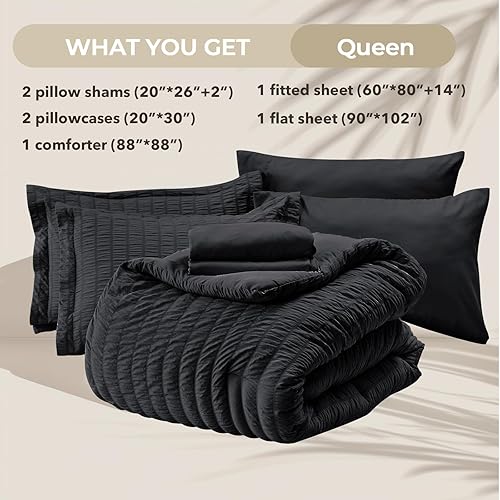 Miniatura 5 de HYMOKEGE Black Queen Comforter Set Seersucker 7 Pieces, All Season Luxury Bed in a Bag for Bedroom, Bedding Set with Comforters, Sheets, Pillowcases