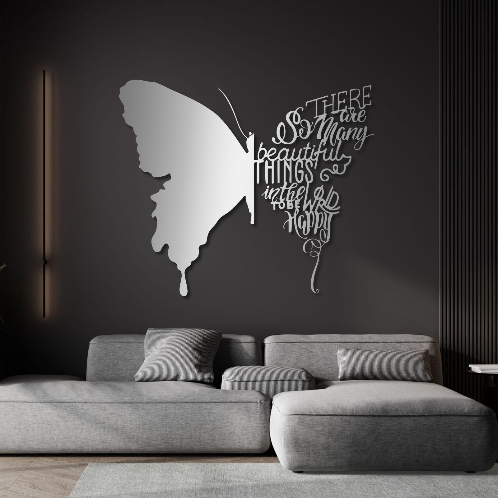 Metalowa sztuka ścienna, dekoracja ścienna, inspirujący motyl, dekoracja motyla, motywacyjna do salonu (srebrna, 48 cm szer. x 40 cm wys. / 47 x 40 cm)