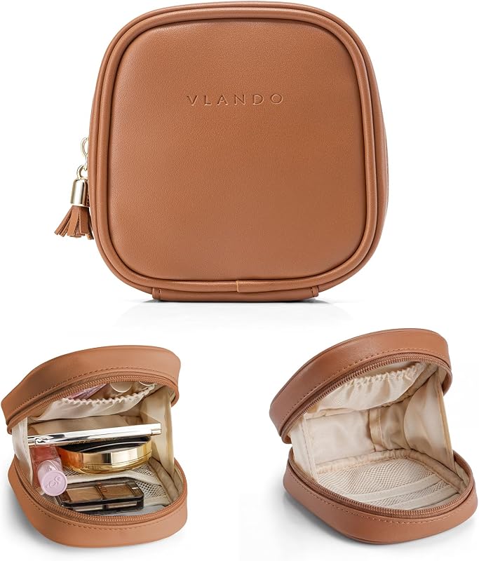 Necessaire compacta VLANDO de couro com bolsos, marrom-escuro