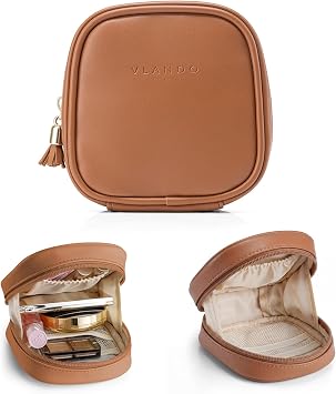 VLANDO Mini Makeup Bag, Small Makeup Bag for Purse with Slip-in Pockets, Portable Travel Toiletry Bag with Zipper, Waterproof Travel Essentials for Women-Dark Brown