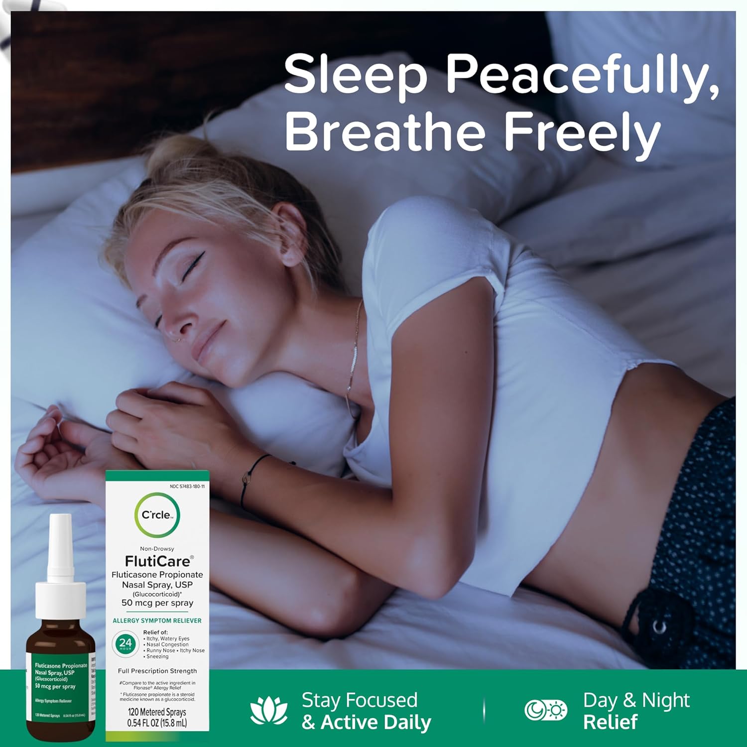 Fluticasone Allergy Nasal Spray Allergy Relief - 24 Hour Non Drowsy - Nose Spray Relief for Sinus Allergies - Prescription Strength Fluticasone Propionate 50mcg - 3 Month Supply