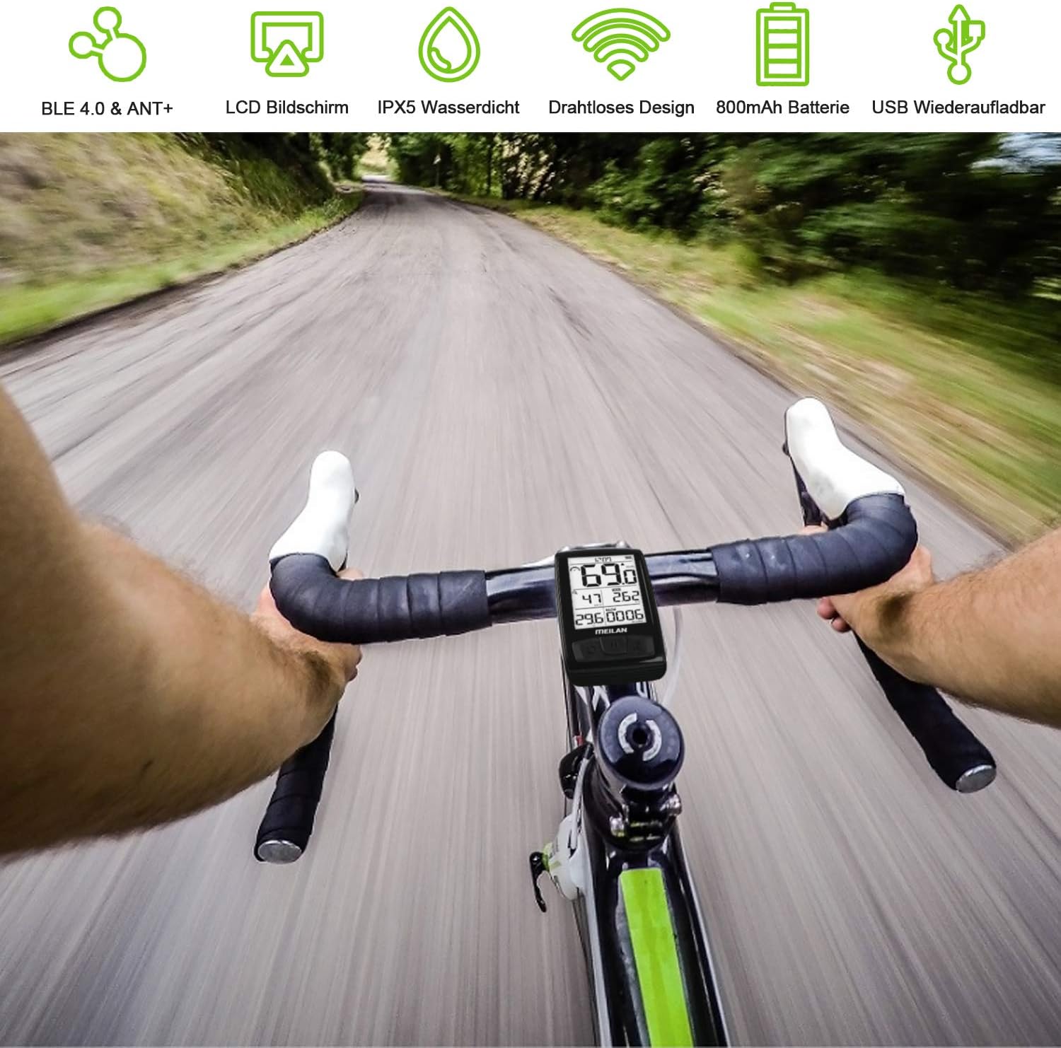 Cyclist using MEILAN M4 bicycle computer on handlebars