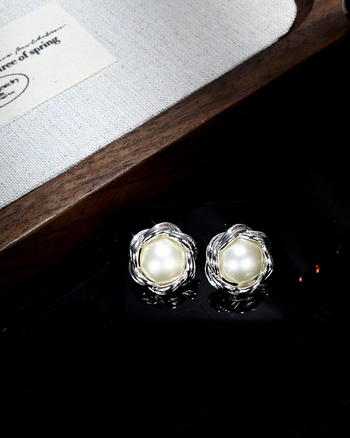 Silver Pearl Stud Earrings for Women button shaped with Vintage Twisted Design Pearl Statement Earrings for Daily or Wedding - Image 7