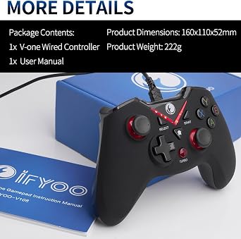 IFYOO-V108-Red V-one Wired USB Gaming Controller Gamepad Joystick for PC (Windows XP/7/8/10) & Steam & Android & PS3 - [Red]