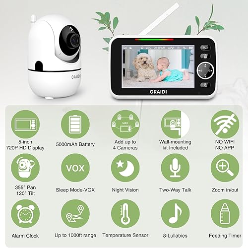 Miniatura 2 de OKAIDI Monitor de bebé HD de 5 pulgadas con cámara y audio, pantalla de 720P, batería de 5000 mAh, panorámica e inclinación remota, zoom 3X, visión