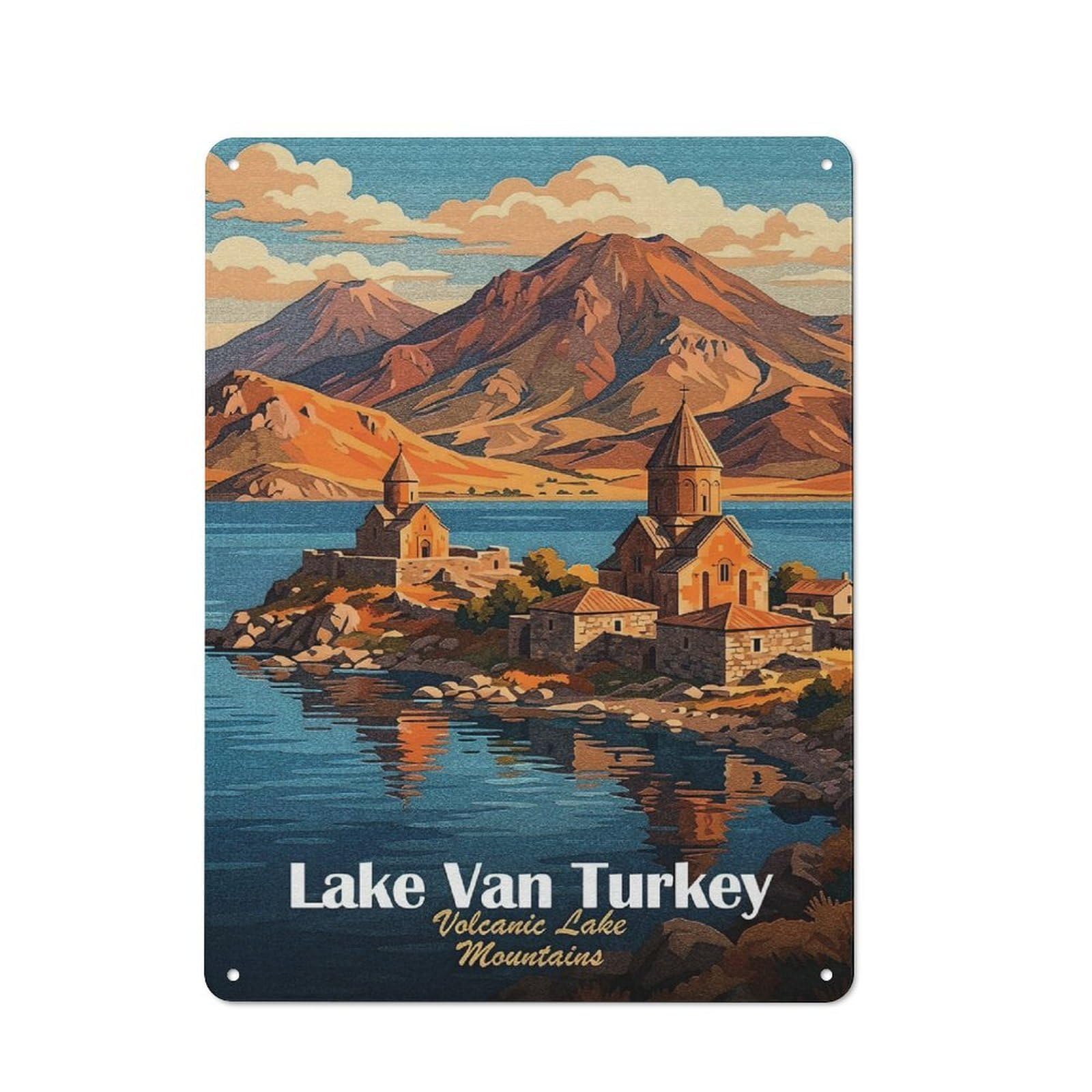 Junmoney Style-4 Lake Van Turkey Landscape Illustration Metal Wall Plaque 40X30cm, Character Room Wall Plaque For Hallway, Home Bar, Garage Or Study