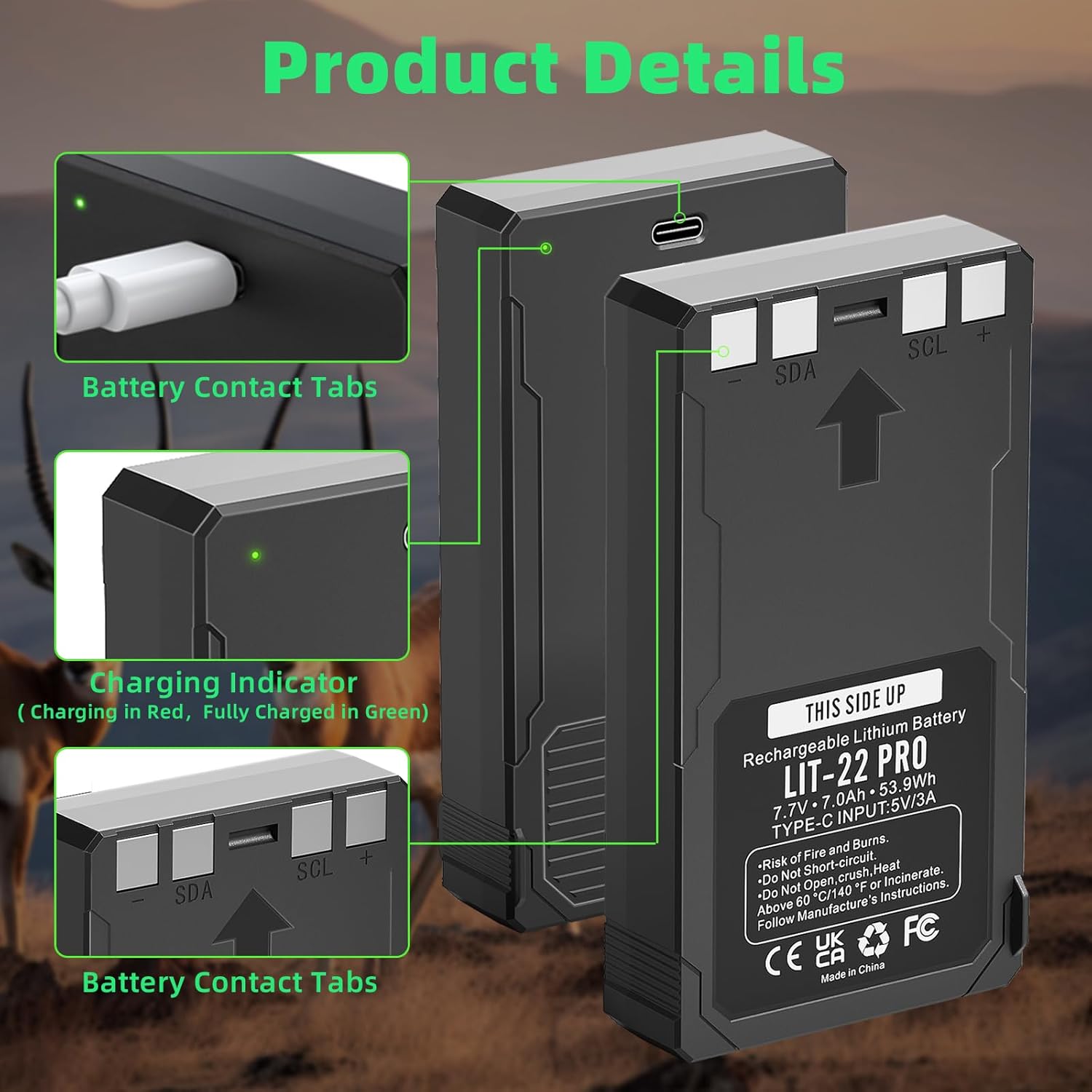 Egoway 2-Pack 7000mAh LIT-22 Rechargeable Battery Pack for SPYPOINT Hunting Trail Cameras, Compatible with Flex Series, with Type-C Cable