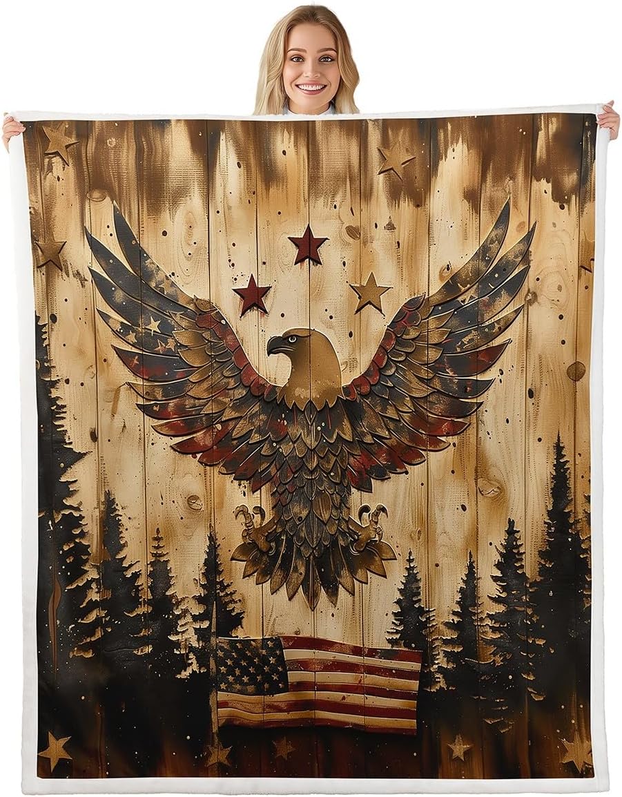 Eagle Print Fleece BlanketVintage American Flag Plush Blanket for Kids Teens Boys Girls,Birds Wildlife Animal Blanket for Sofa Bedroom Office Travel All Season,Twin 60"x80"
