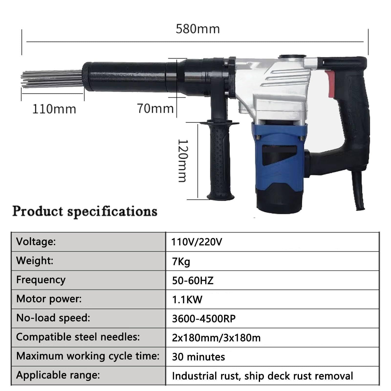 Herramienta de eliminación de óxido/desincrustante de Agujas eléctrico de Mano de 1100 W/Pistola desoxidante de Agujas eléctrica/Pistola desincrustante/eliminador de escoria de Soldadura,220V