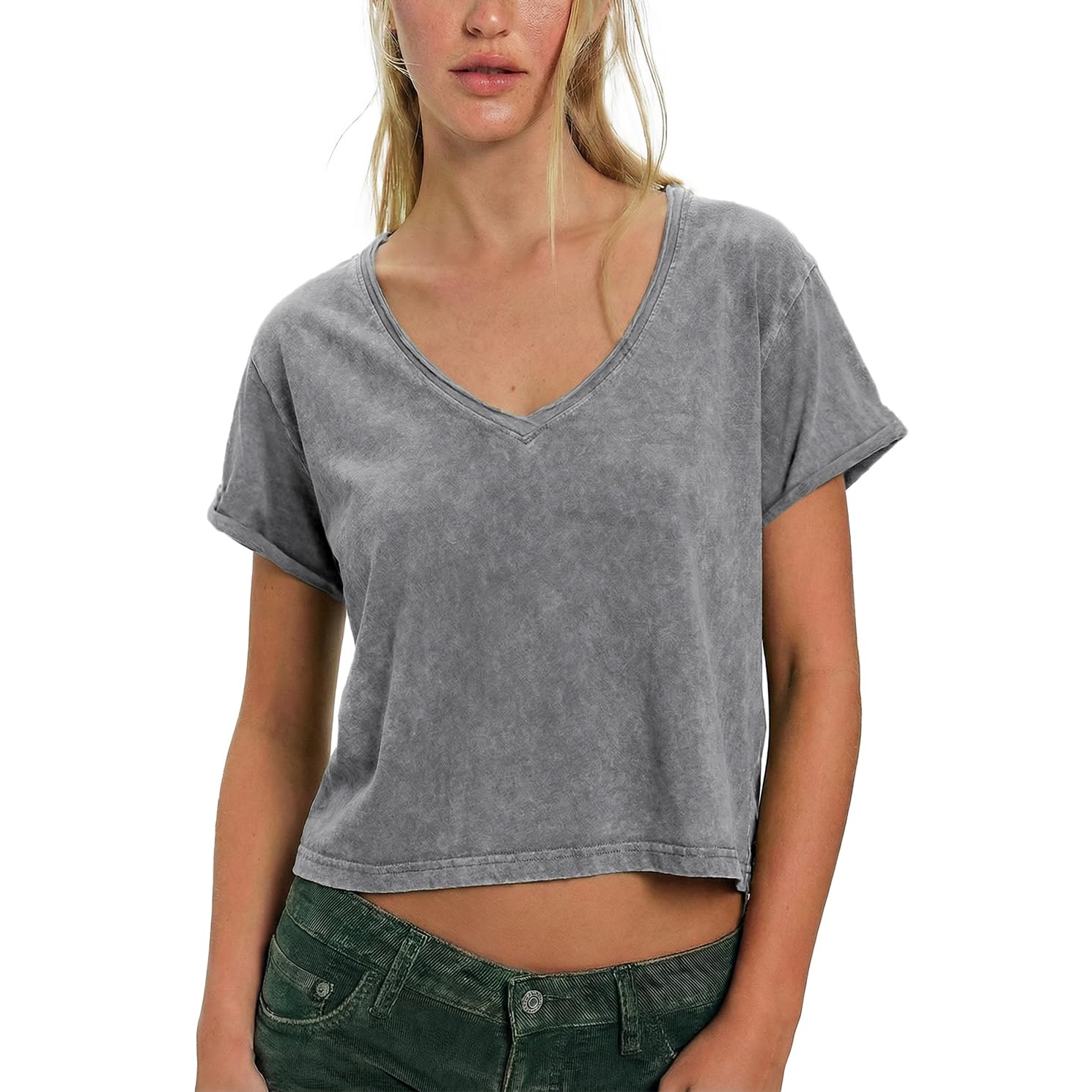 Photo 1 of Keeliya Womens Cropped Acid Wash T Shirts V Neck Short Sleeve Baggy Grunge Tops Vintage Tees Summer Streetwear(Grey,L)