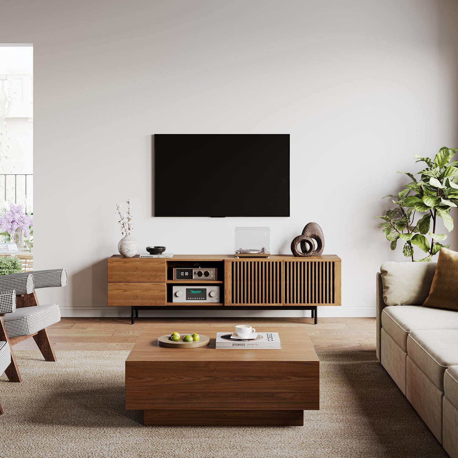 POVISON Modern Media Console with Storage, 79'' Solid Wood TV Stand for 70 75+ Inch TV, Farmhouse Slatted Door Entertainment Center, Full Assembled Tall Cabinet with Metal Legs, Solid Ash Veneer