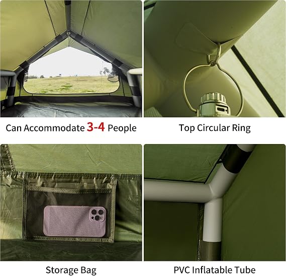 Inflatable Camping Tent with Hand Pump,3-4 People,Air Tent(Green,3x2x2m) | Easy to Assemble, Waterproof,Outdoor, Air Tent,Cabin House,4 Seasons Oxford Cabin Tent with Mesh&Chimney Window