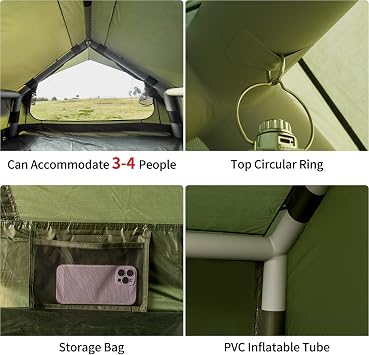Inflatable Camping Tent with Hand Pump,3-4 People,Air Tent(Green,3x2x2m) | Easy to Assemble, Waterproof,Outdoor, Air Tent,Cabin House,4 Seasons Oxford Cabin Tent with Mesh&Chimney Window